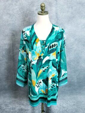JM Collection Tropical Tunic XL Green Blue Abstract Leaf Chain Neck 3/4 Sleeve
